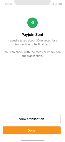 A payment success screen informs the user that the Payjoin transaction has been broadcast.