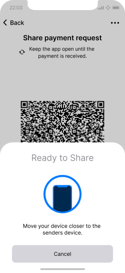Screen showing a payment request being shared contactlessly with NFC.