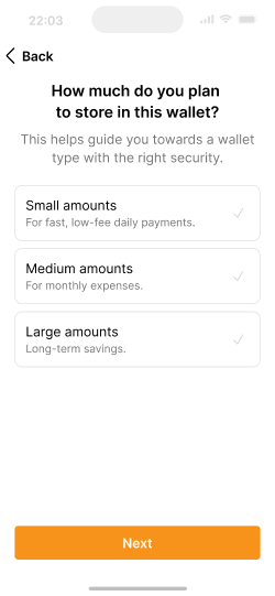 Screen for choosing whether the user wants to store small, medium or large amounts