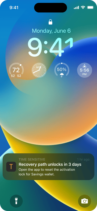 Smartphone lock screen showing a push notification stating that the recovery path will unlock in three days.